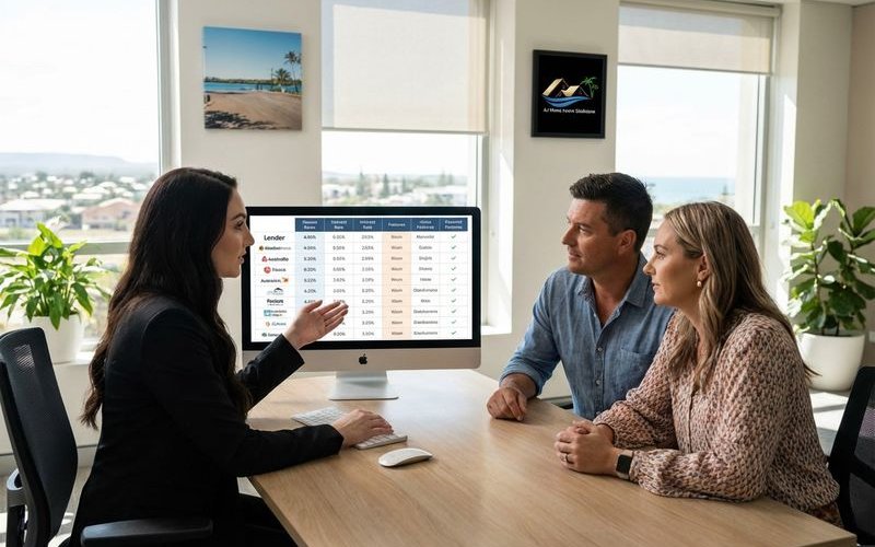 Mortgage broker explaining home loan options to couple